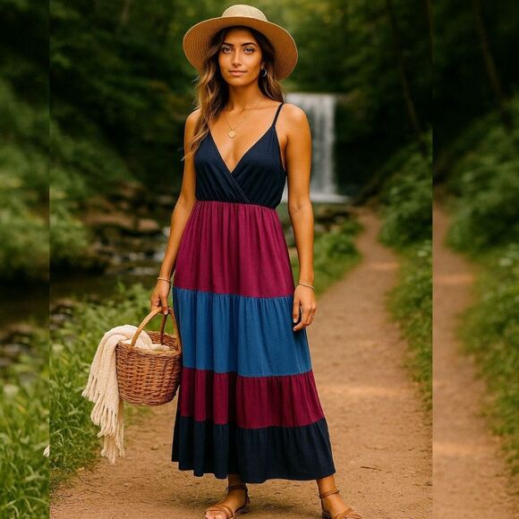 Vtg Y2K Fashion Bug Maxi Dress 1X Boho Tiered Colorblock Flowy Spaghetti Strap - Picture 1 of 7
